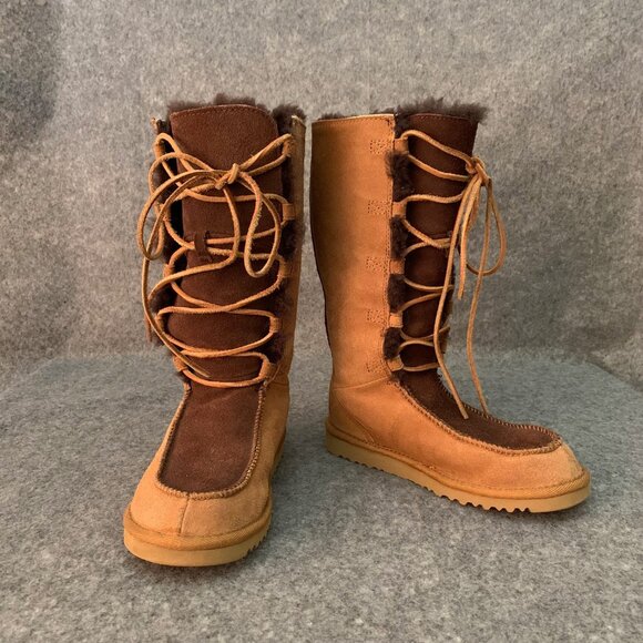 UGG Australia 5278 Tall Sheepskin Girls Youth Brown Tan Suede Lace Up Boots - Picture 2 of 10